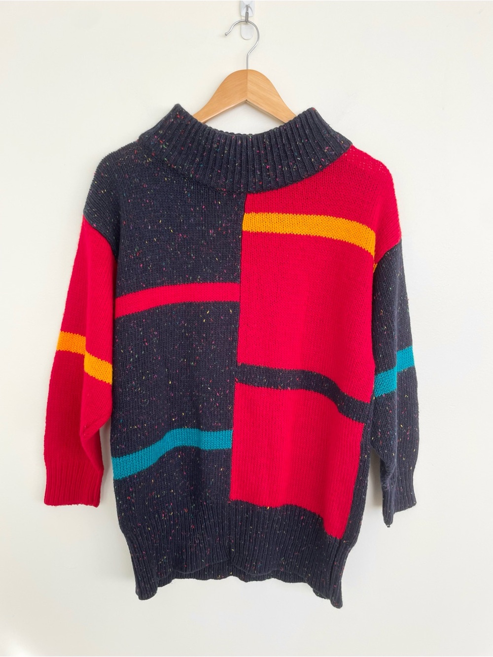 Vintage 80s 90s Colorblock Chunky Knit Turtleneck Wool Blend Sweater M Medium